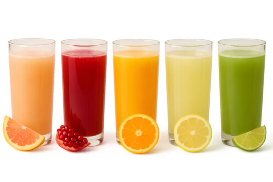 row of five glasses filled with fresh fruit juices and smoothies with sliced citrus fruits isolated on white background