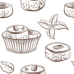 Classic Rahat Lokum in paper cup and mint leaves in stylized vector seamless pattern-chewy pistachio-filled squares dusted with icing sugar.Minimalistic illustration in monochrome for food packaging