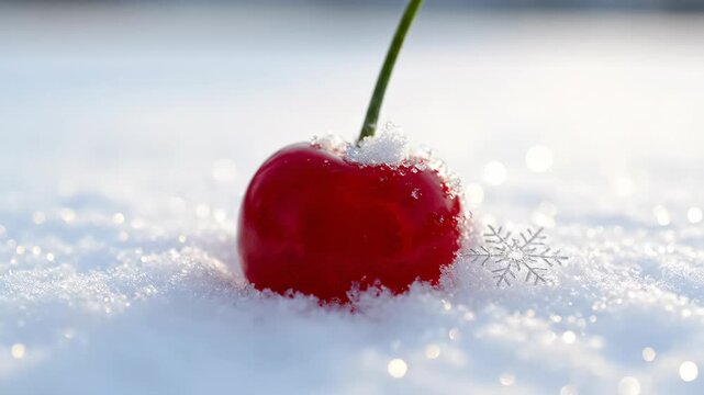 Red cherry fruit resting on sparkling snow with bokeh effect, conceptualizing fresh produce in winter or during a holiday