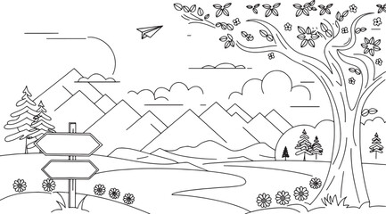 A line art landscape of mountains, trees, butterflies, and a signpost.