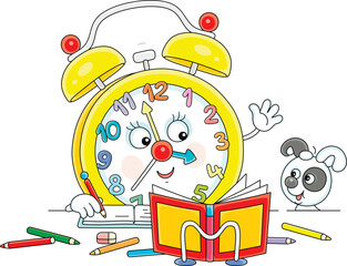 Cartoony alarm clock and funny little puppy doing school homework, writing in an exercise book and reading a textbook, vector cartoon illustration on a white background