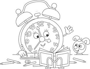 Fototapeta premium Cartoony alarm clock and funny little puppy doing school homework, writing in an exercise book and reading a textbook, black and white vector cartoon illustration for a coloring book