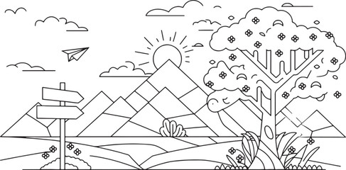 A line art landscape of mountains, trees, butterflies, and a signpost.