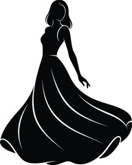 Elegant black silhouette of a woman in a beautiful long flowing evening gown, standing gracefully, isolated on