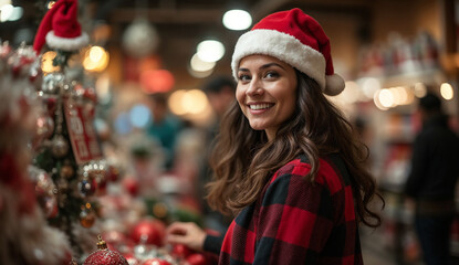 Smiling female employee wearing Santa hat working in busy retail store