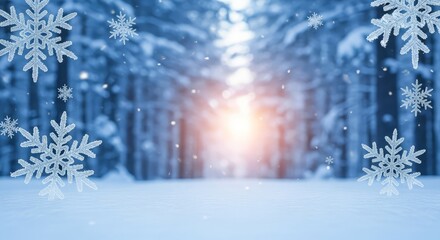 Snowflakes falling in a winter forest with light at the end of the path and snow on the ground