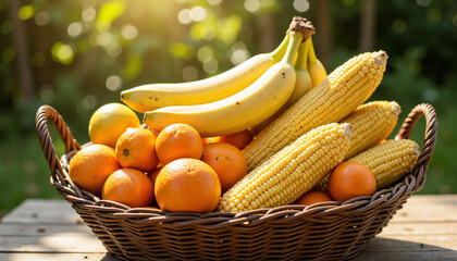 Fruit in basket with bananas, oranges, and corn ears in modern style
