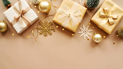 Festive arrangement of wrapped gifts with ornaments on a beige background top view flat lay
