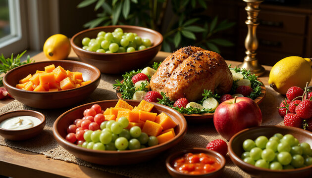 Kwanzaa food feast with bowls of fruit and vegetables in modern style  