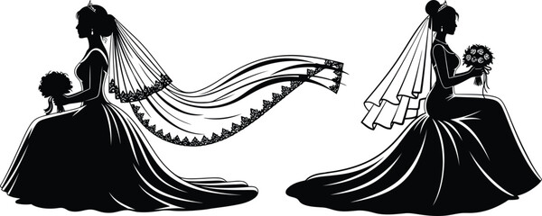 Elegant silhouettes of two brides in flowing wedding dresses with veils and bouquets, depicted in a classic and timeless illustration style