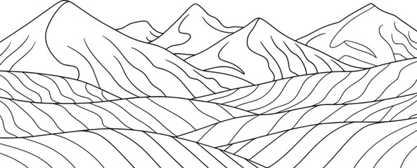 A minimalist line art landscape of mountains and rolling hills with contour lines.