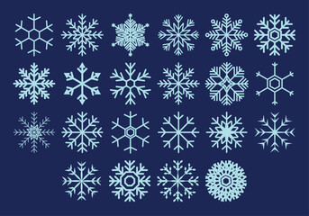 Hoja de iconos de copos de nieve azules sobre fondo oscuro