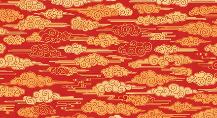 Elegant golden clouds float across a vibrant red sky, perfect for adding a touch of traditional Asian charm to your next design project