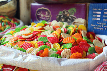 Colorful Lattice Fryums Chips Pile Close Up Background