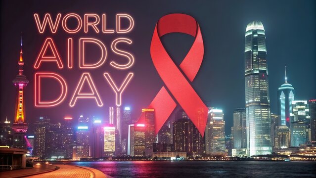World AIDS Day, Double exposure ribbon with person silhouette symbolizing support and hope.