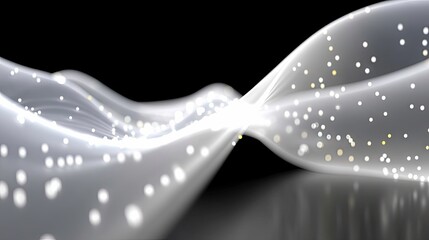 An abstract image featuring a flowing, translucent light wave with glowing dots against a black background. The wave is reflected on a glossy surface.