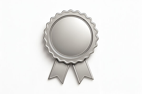 Blank silver award medallion with ribbons on a plain white background achievement certification winner badge
