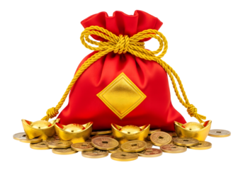 Celebrate prosperity with this red lucky bag overflowing with gold ingots and coins, wishing you wealth and fortune for the Chinese New Year