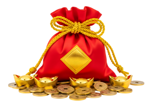 Celebrate prosperity with this red lucky bag overflowing with gold ingots and coins, wishing you wealth and fortune for the Chinese New Year
