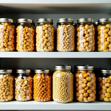 Canned goods, pasta, cereal stacks Home food storage , provisions, legumes, non-perishable