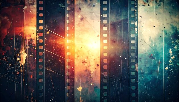 Abstract vintage film strip background with orange central glow, scratchy textures, and muted blues and reds