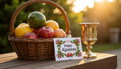 Kwanzaa greeting card displayed beside fruit basket and unity cup  