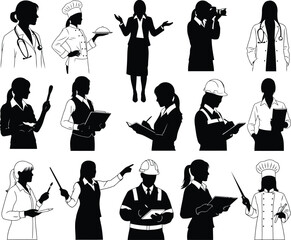 Silhouettes of professional women in various careers and occupations, isolated on