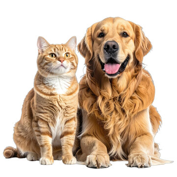 A studio portrait featuring an orange tabby cat sitting next to a happy Golden Retriever dog against a solid black background.