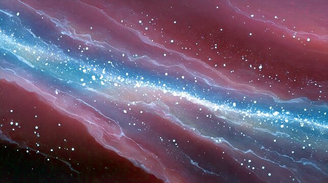 An abstract depiction of a colorful nebula in deep space, featuring swirling clouds of red and pink gas, a bright blue central band, and numerous white stars an - Powered by Adobe