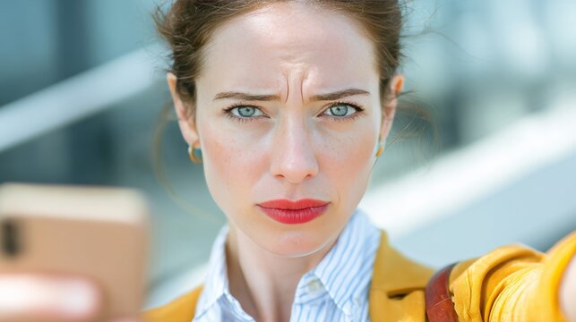A woman with focused, quizzical eyes and a furrowed brow takes a selfie, her face expressing concern. She's outdoors