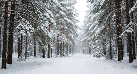 Winter wonderland pine forest path covered with fresh snow scenic landscape view