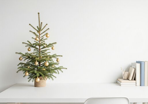 Minimalist Christmas Tree on a Desk with Books and Decorations, Festive Home Office Setting