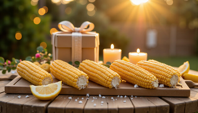 Corn on table arranged with candles and gift box in modern style  