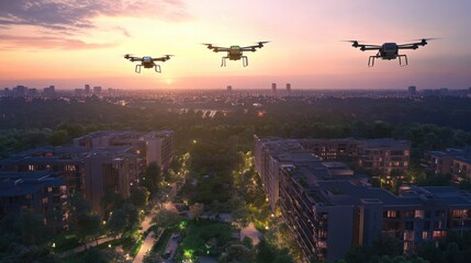 Drone Delivery Fleet Hovering Over a Modern Cityscape at Sunset