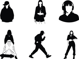 Graphic silhouettes of young urban people in various poses, street style, isolated on