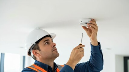 Installation and testing of smoke detector by construction worker in safety gear