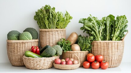 Fresh produce vegetables arranged in woven baskets