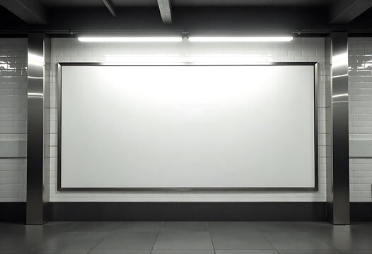Blank white digital billboard in subway station, empty poster on tile wall background, modern display mockup for advertising, marketing, promotion, branding, design, signage, template, urban, public.