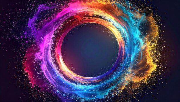 Abstract swirling color ring. A dark center is surrounded by clouds of purple, blue, orange, and yellow