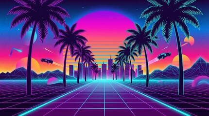 Vaporwave Neon Road with Palm Trees