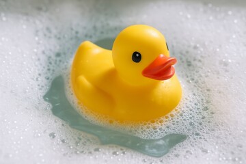 Yellow rubber duck floating in soapy foam and water. Cute bath toy surrounded by bubbles, clean bathroom scene with soft light, hygiene and playful bathing concept