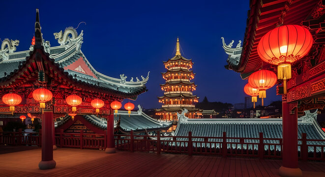 Stunning Chinese architecture glows with vibrant red lanterns against a twilight sky, creating a serene and captivating travel destination image