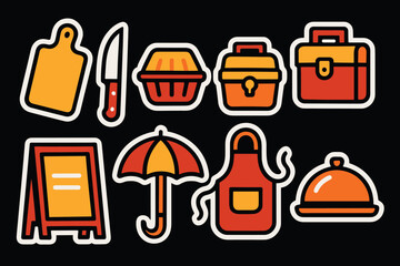 Modern flat icon set: kitchen and restaurant essentials with bold colors