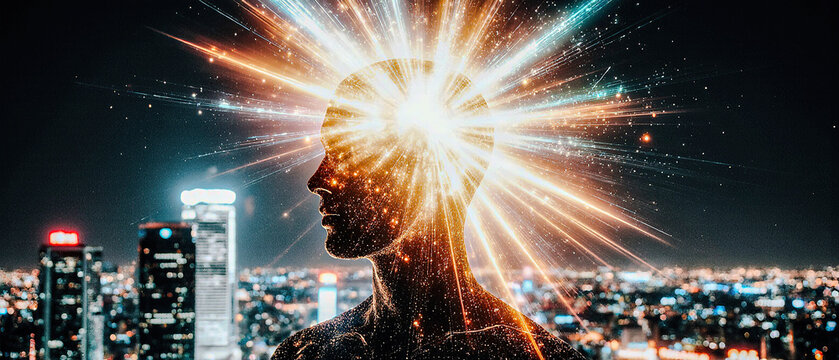 A glowing human silhouette with a dazzling synesthetic head burst radiates colors and energy against a modern city backdrop.