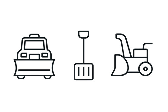 Winter equipment icons: snowplow truck, shovel, snow blower in minimalist line art style