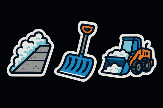 Winter clean-up tools: path, shovel, and snowplow icon set