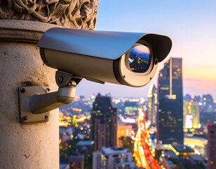 Security camera atop building overlooking city at twilight