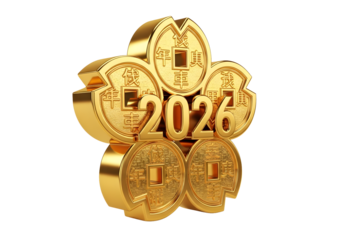 Prosperity blooms in 2026 Chinese New Year celebration with golden coins and floral design, conveying luck and success for the year ahead