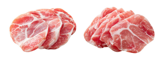 Set of fresh raw meat cuts, sliced pork collar, isolated on transparent background. Fresh meat for cooking, food preparation, and advertisement.