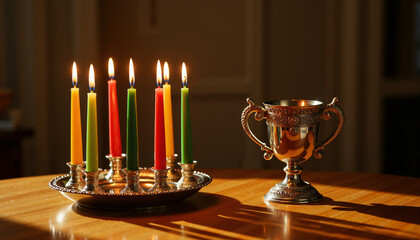 Kwanzaa candles set on wooden table beside unity cup in modern style  